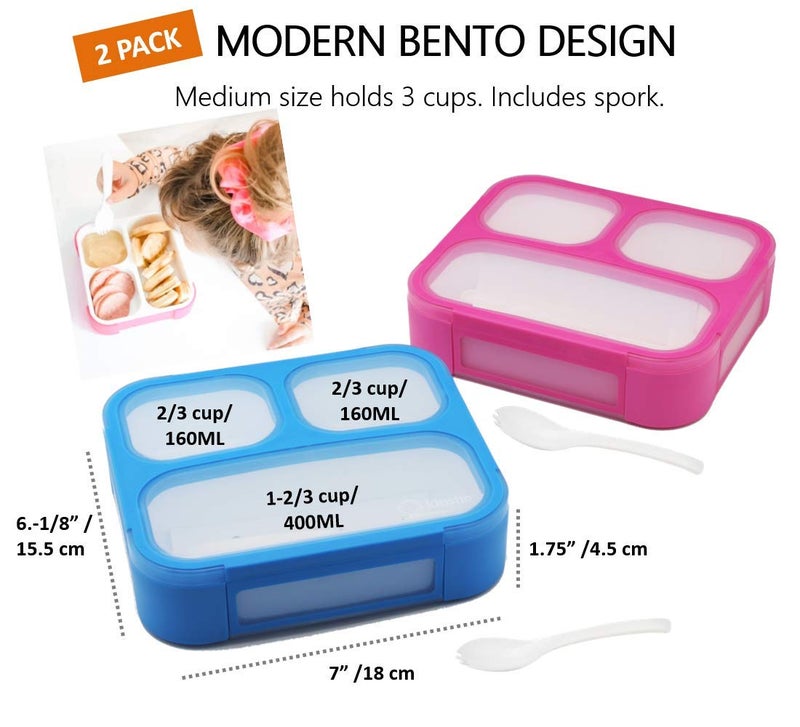 Kinsho Bento Box for Kids, Toddler Lunch-Box for Small Boys Girls in School, Pre-School or Daycare, Leakproof 3 Compartment Containers for Portion Control Snacks for Adults, BPA Free. Medium Blue Pink 2 pack - Image 2